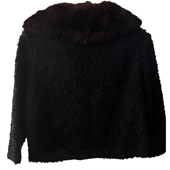 Jacket Black Curly Lamb Brown Fur Collar & Button Closure Small 1950 - Picture 13 of 14